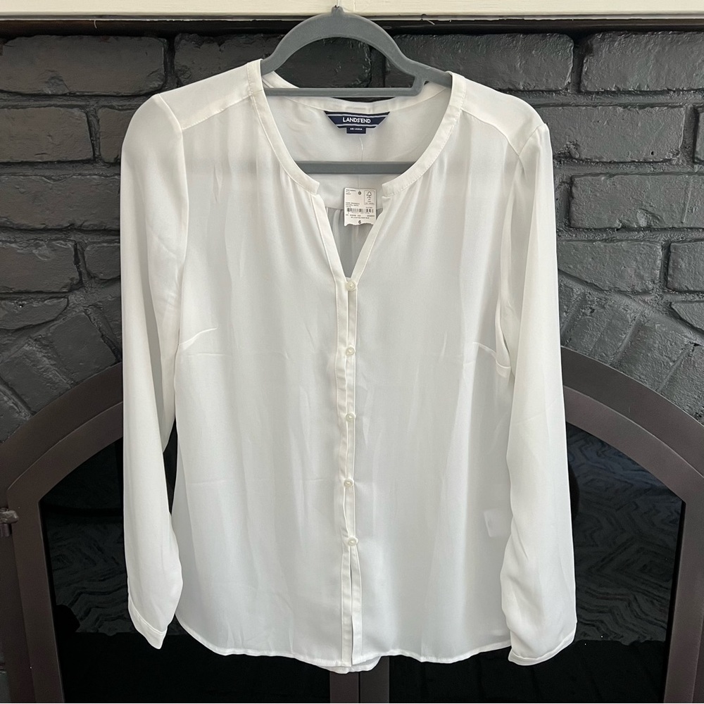 Lands End | Ivory Split Neck Button Front Blouse